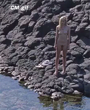 far away naked blonde girl near water nature